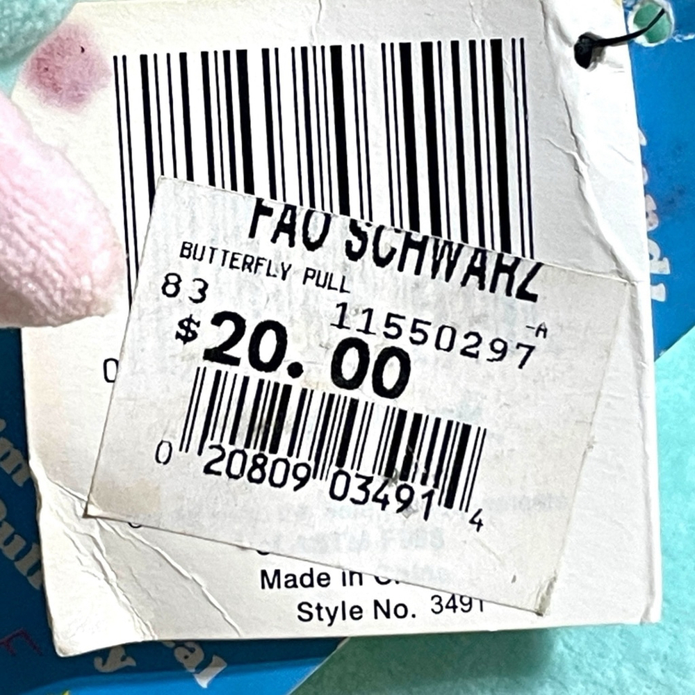 Vintage First Peek Musical Butterfly Plush Hanging Pull Toy FAO Schwarz Tag READ - Picture 16 of 16